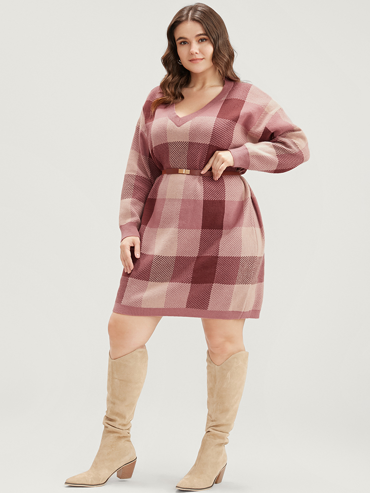 

Plus Size Plaid Contrast Pointelle Knit V Neck Sweater Dress Burgundy Women Elegant Long Sleeve Dailywear Sweater Dresses BloomChic