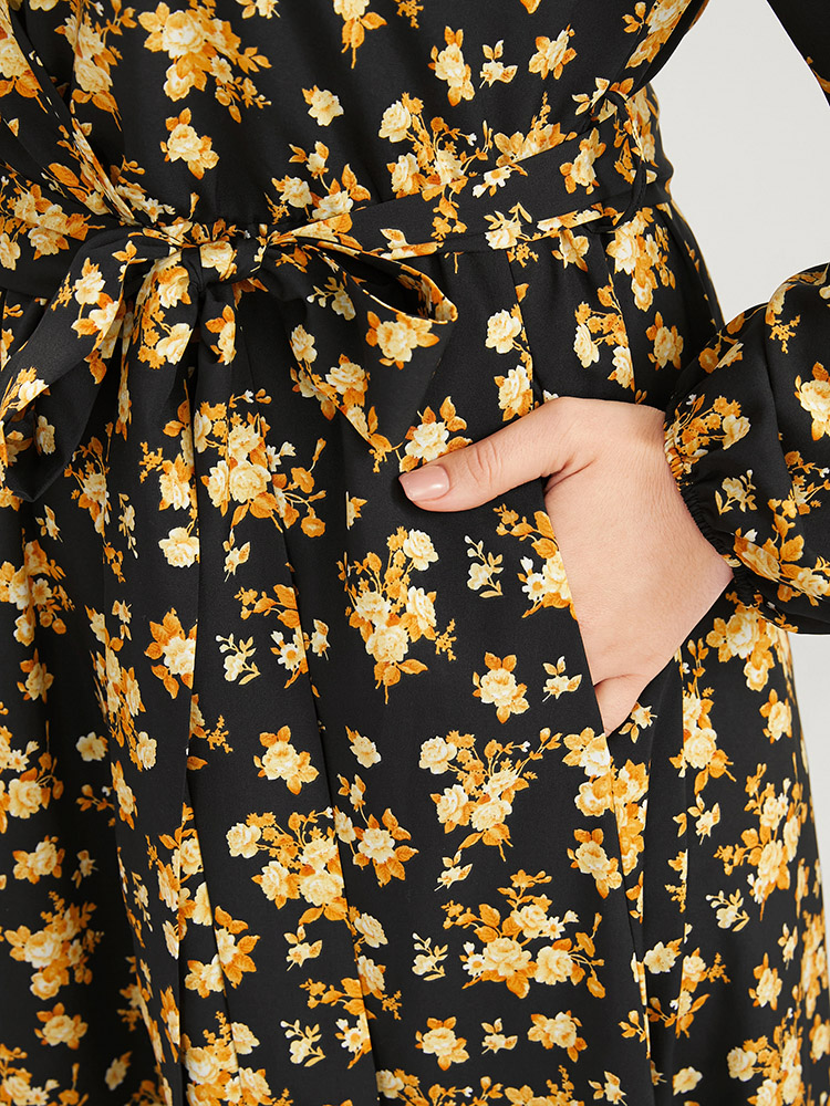 Plus Size Women Everyday Floral Lantern Sleeve Long Sleeve V-neck Pocket Belt Elegant Dresses BloomChic 