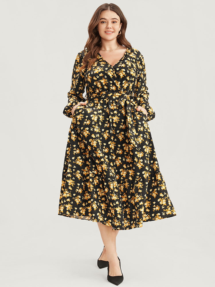 Plus Size Women Everyday Floral Lantern Sleeve Long Sleeve V-neck Pocket Belt Elegant Dresses BloomChic 