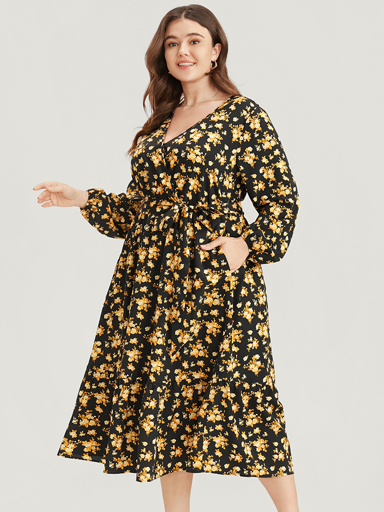 Plus Size Women Everyday Floral Lantern Sleeve Long Sleeve V-neck Pocket Belt Elegant Dresses BloomChic 