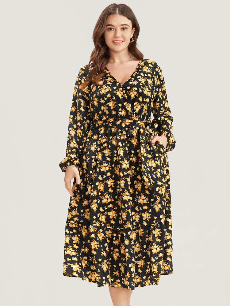 Plus Size Women Everyday Floral Lantern Sleeve Long Sleeve V-neck Pocket Belt Elegant Dresses BloomChic 