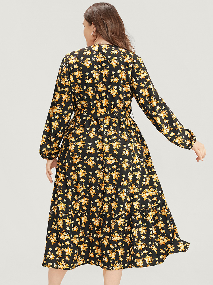 Plus Size Women Everyday Floral Lantern Sleeve Long Sleeve V-neck Pocket Belt Elegant Dresses BloomChic 
