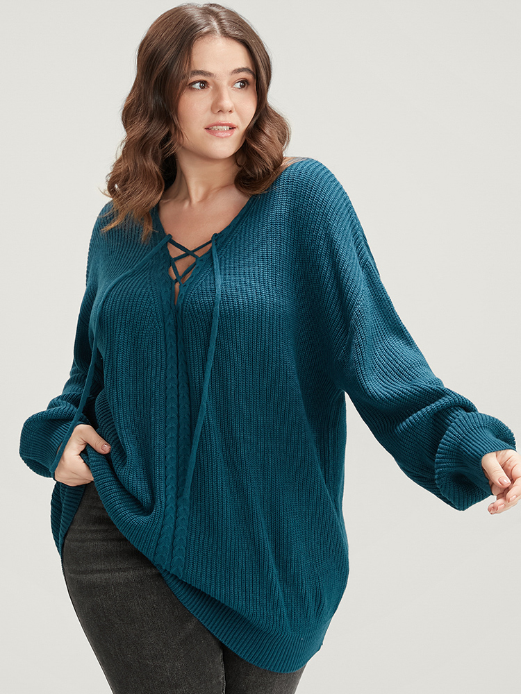 

Plus Size Solid Pointelle Knit Lace Up Deep V Neck Knit Top Aegean Women Elegant Loose Long Sleeve Deep V-neck Dailywear Pullovers BloomChic