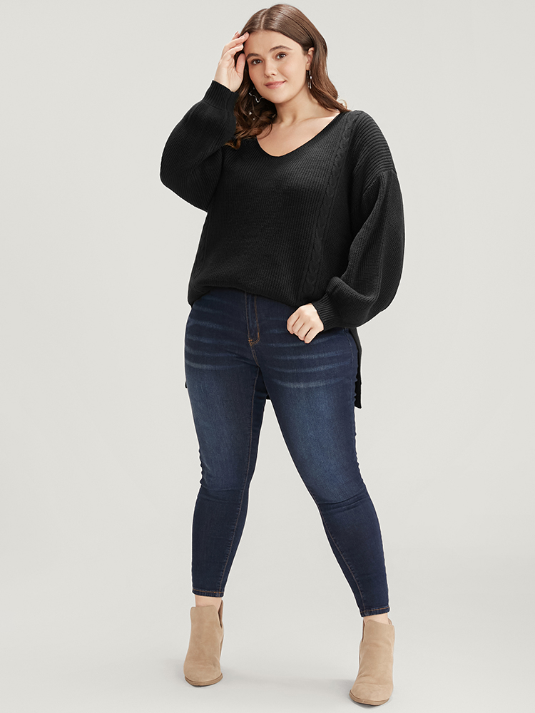Solid Pointelle Knit Lantern Sleeve Cut Out Split Knit Top BloomChic 