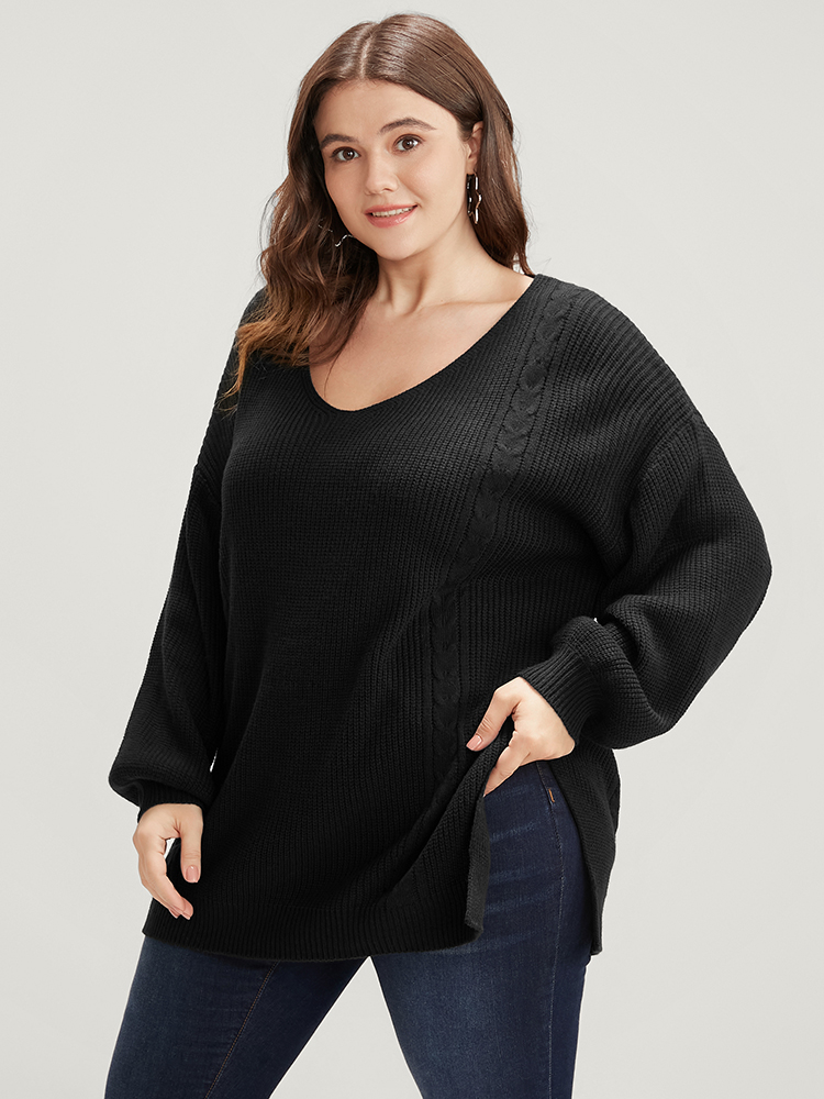 Solid Pointelle Knit Lantern Sleeve Cut Out Split Knit Top BloomChic 