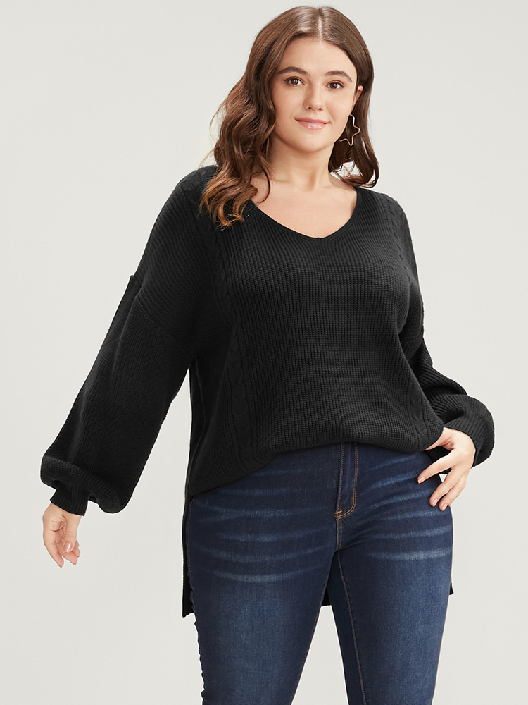 

Plus Size Solid Pointelle Knit Lantern Sleeve Cut Out Split Knit Top Black Women Casual Loose Long Sleeve V-neck Dailywear Pullovers BloomChic