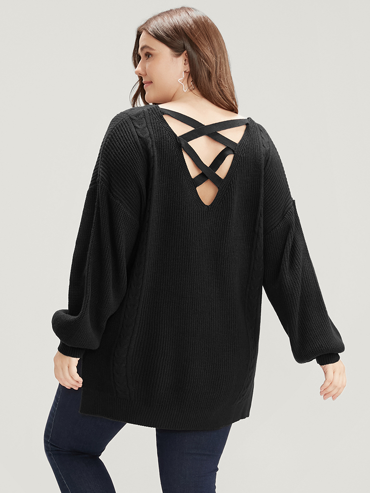 Solid Pointelle Knit Lantern Sleeve Cut Out Split Knit Top BloomChic 