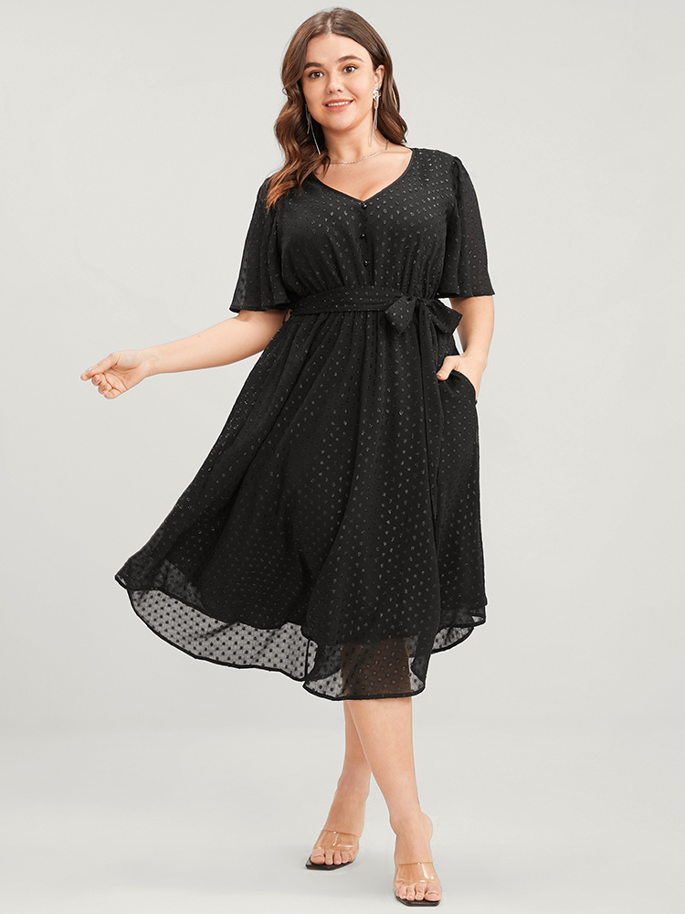 

Plus Size Glitter Polka Dot V Neck Pocket Belted Ruffles Hem Dress Black Women Glamour Asymmetrical V-neck Short sleeve Curvy Midi Dress BloomChic