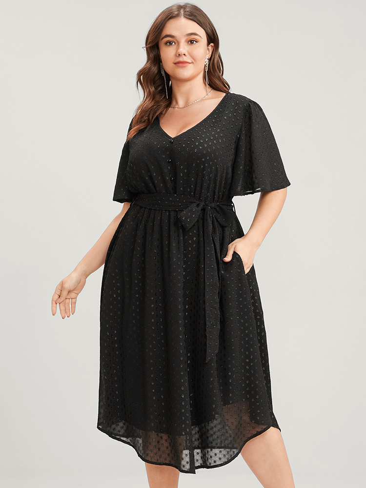 

Plus Size Glitter Polka Dot V Neck Pocket Belted Ruffles Hem Dress Black Women Glamour Asymmetrical V-neck Short sleeve Curvy Midi Dress BloomChic