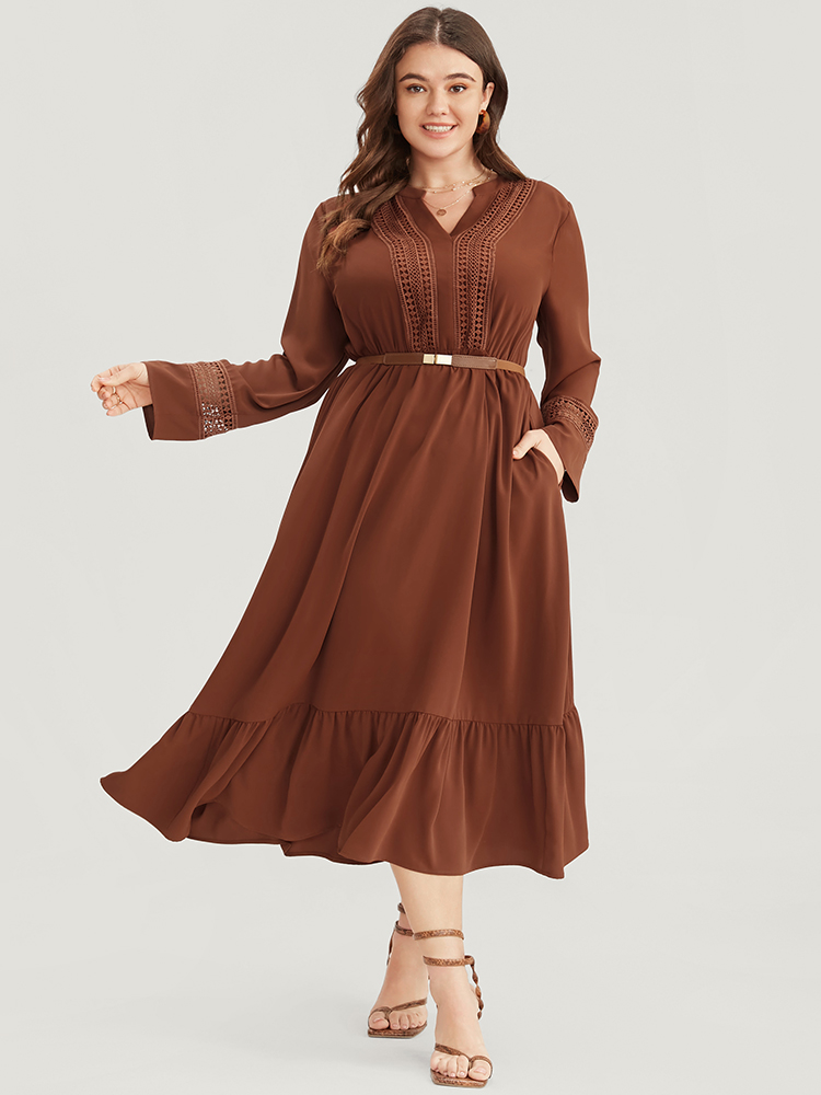 

Plus Size Solid V Neck Pocket Contrast Lace Ruffle Hem Dress Russet Women Office Patchwork V-neck Long Sleeve Curvy Midi Dress BloomChic