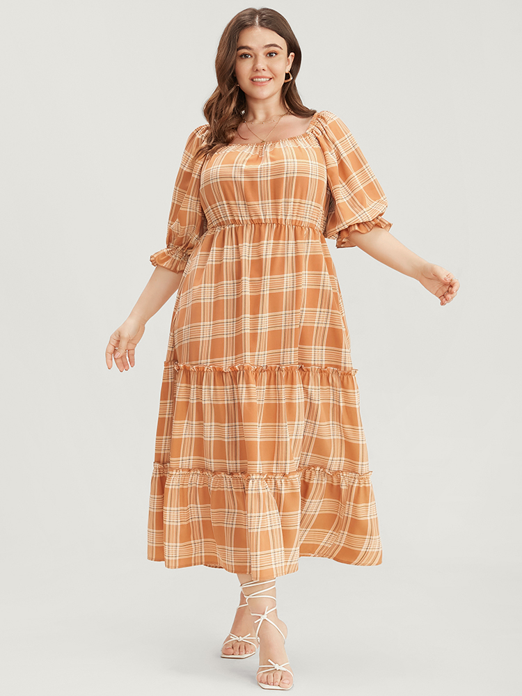 

Plus Size Plaid Square Neck Lantern Sleeve Pocket Flutter Dress LightBrown Women Elegant Tiered Square Neck Half Sleeve Curvy Midi Dress BloomChic