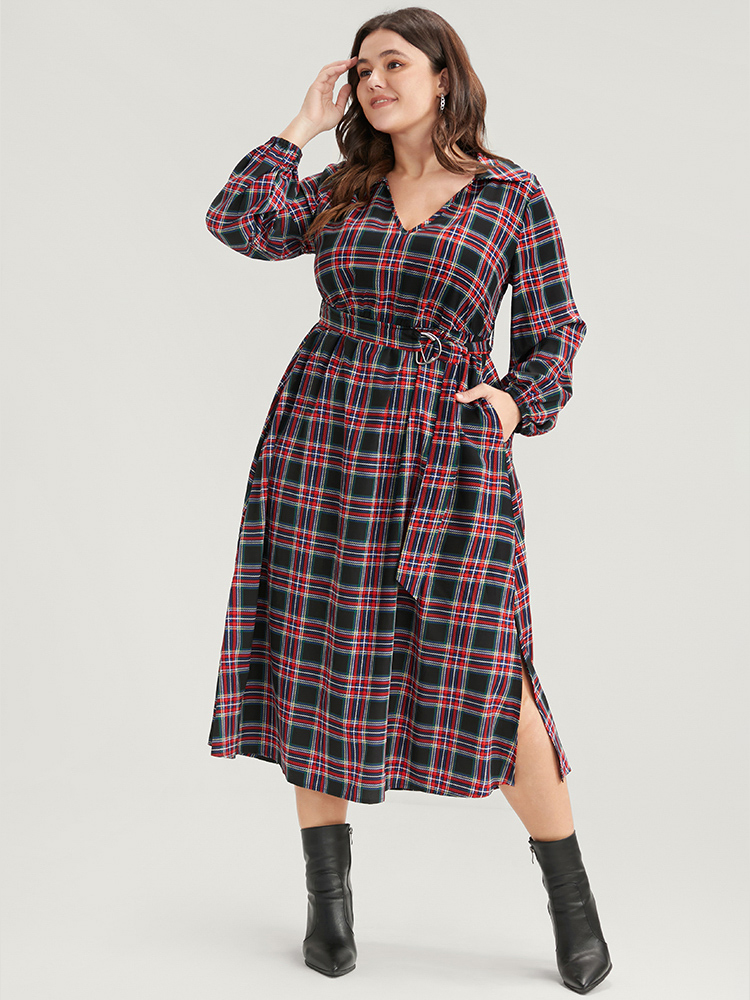 

Plus Size Tartan Lantern Sleeve Pocket Belted Midi Dress Russet Women Elegant Elastic Waist Lapel Collar Long Sleeve Curvy Midi Dress BloomChic