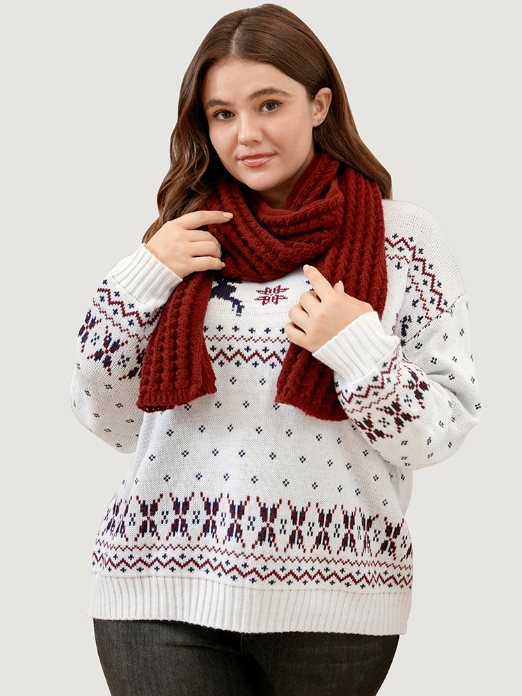 Plus Size Elk & Snowflake Pointelle Knit Round Neck Knit Top Multicolor Women Casual Loose Long Sleeve Dailywear Pullovers BloomChic 18-20/2X 