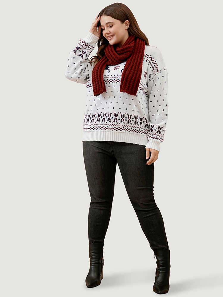 Plus Size Elk & Snowflake Pointelle Knit Round Neck Knit Top Multicolor Women Casual Loose Long Sleeve Dailywear Pullovers BloomChic 18-20/2X 