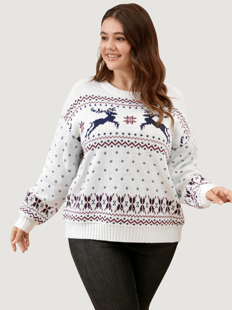 Plus Size Elk & Snowflake Pointelle Knit Round Neck Knit Top Multicolor Women Casual Loose Long Sleeve Dailywear Pullovers BloomChic 18-20/2X 
