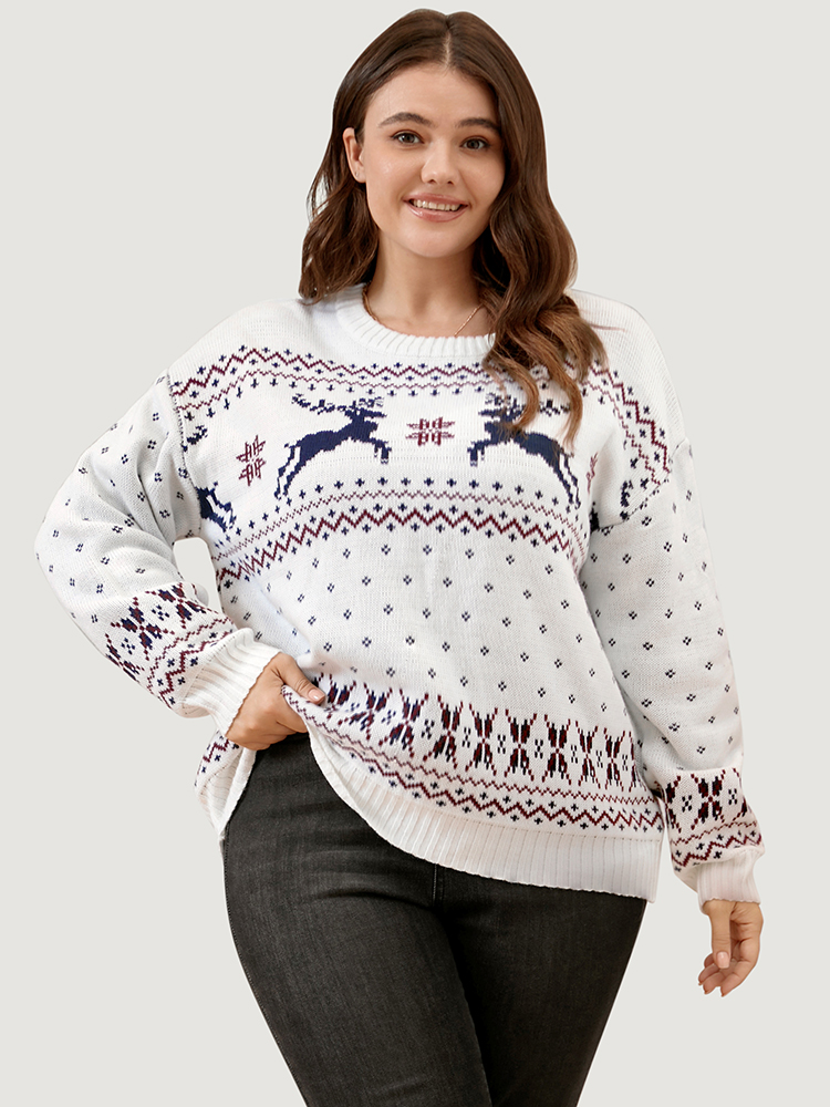 

Plus Size Elk & Snowflake Pointelle Knit Round Neck Knit Top Multicolor Women Casual Loose Long Sleeve Dailywear Pullovers BloomChic