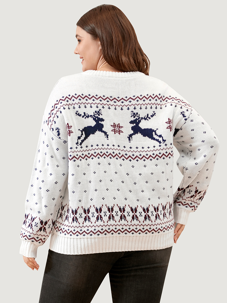 Plus Size Elk & Snowflake Pointelle Knit Round Neck Knit Top Multicolor Women Casual Loose Long Sleeve Dailywear Pullovers BloomChic 18-20/2X 