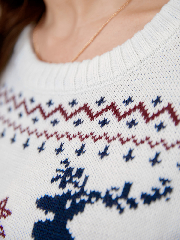 Plus Size Elk & Snowflake Pointelle Knit Round Neck Knit Top Multicolor Women Casual Loose Long Sleeve Dailywear Pullovers BloomChic 18-20/2X 