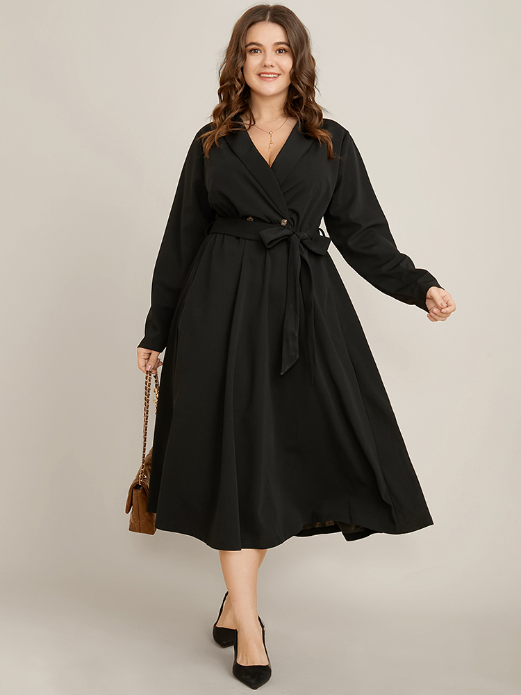 

Plus Size Solid Pocket Belted Surplice Neck Flutter Dress Black Women Office Belted V-neck Long Sleeve Curvy Midi Dress BloomChic