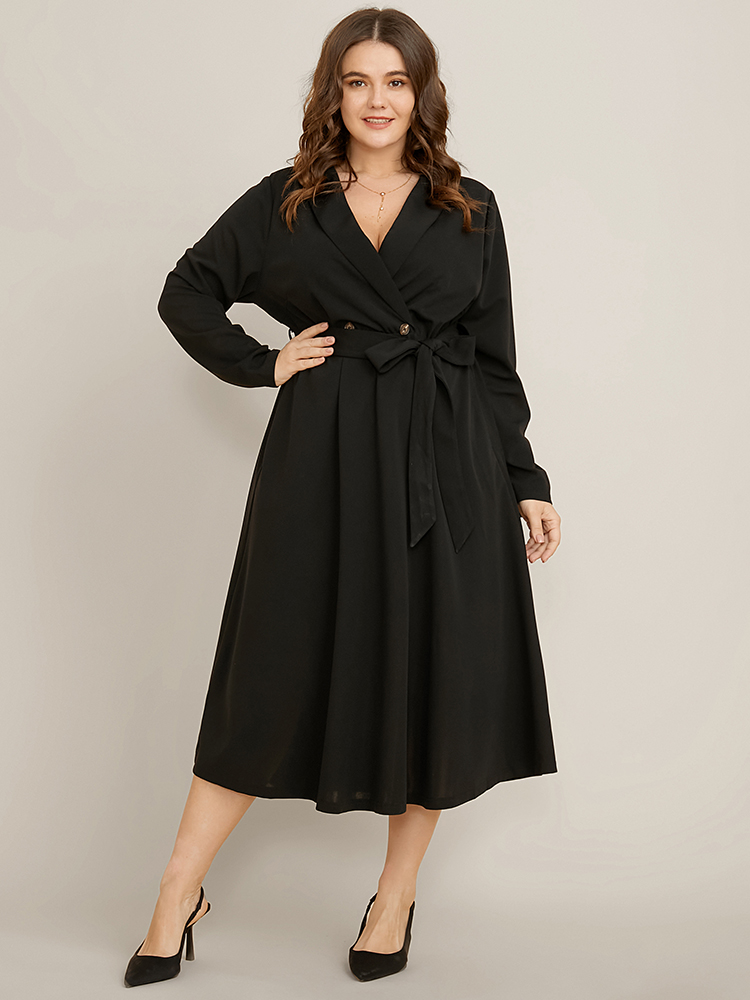 

Plus Size Solid Pocket Belted Surplice Neck Flutter Dress Black Women Office Belted V-neck Long Sleeve Curvy Midi Dress BloomChic