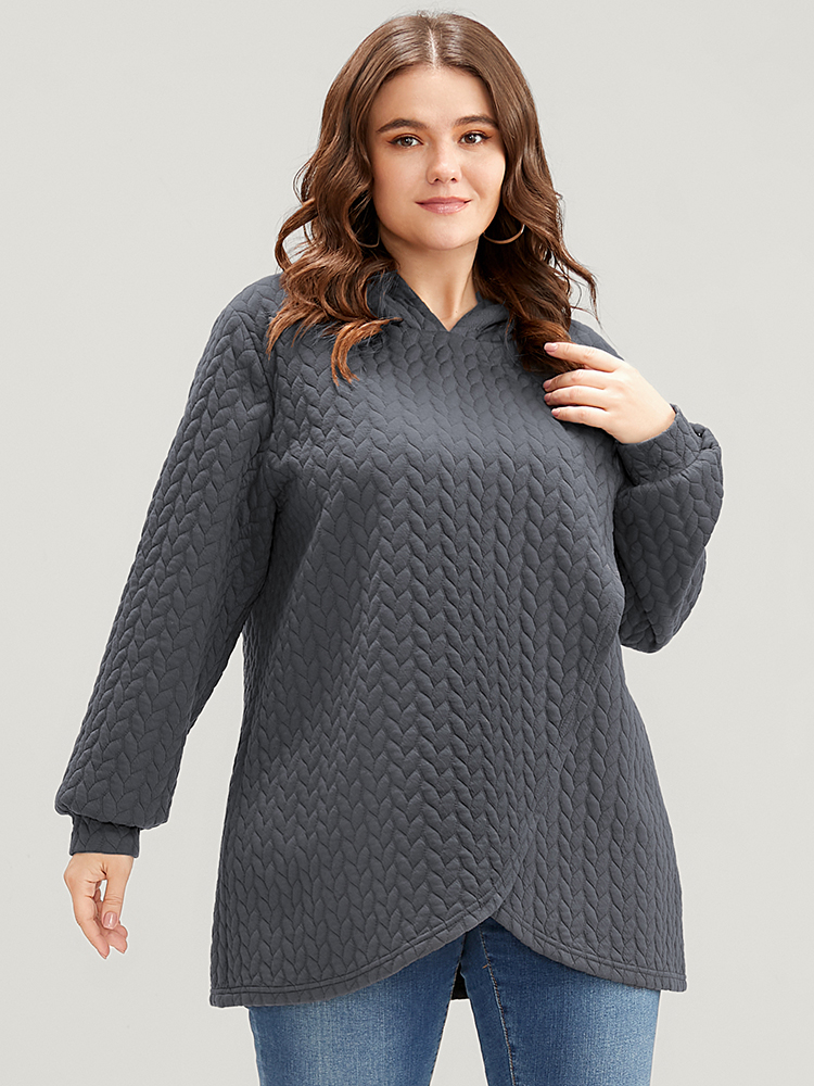 Plus Size Solid Asymmetrical Hem Cable Knit Hooded Sweatshirt Women DimGray Lounge Asymmetrical Hooded Everyday Sweatshirts BloomChic 10/M 