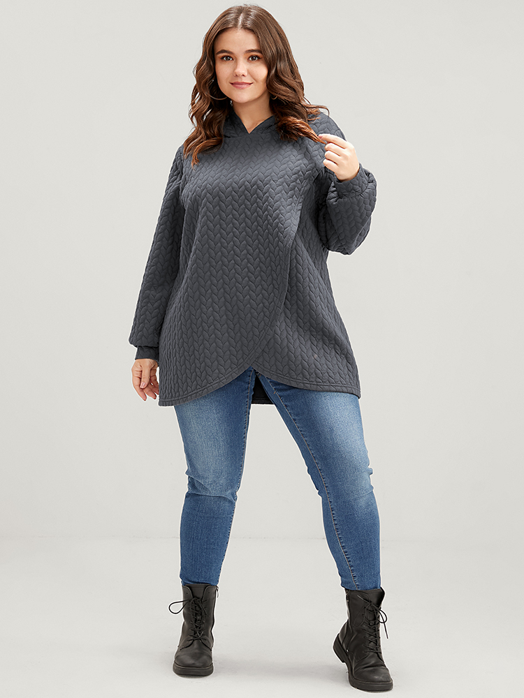 Plus Size Solid Asymmetrical Hem Cable Knit Hooded Sweatshirt Women DimGray Lounge Asymmetrical Hooded Everyday Sweatshirts BloomChic 10/M 
