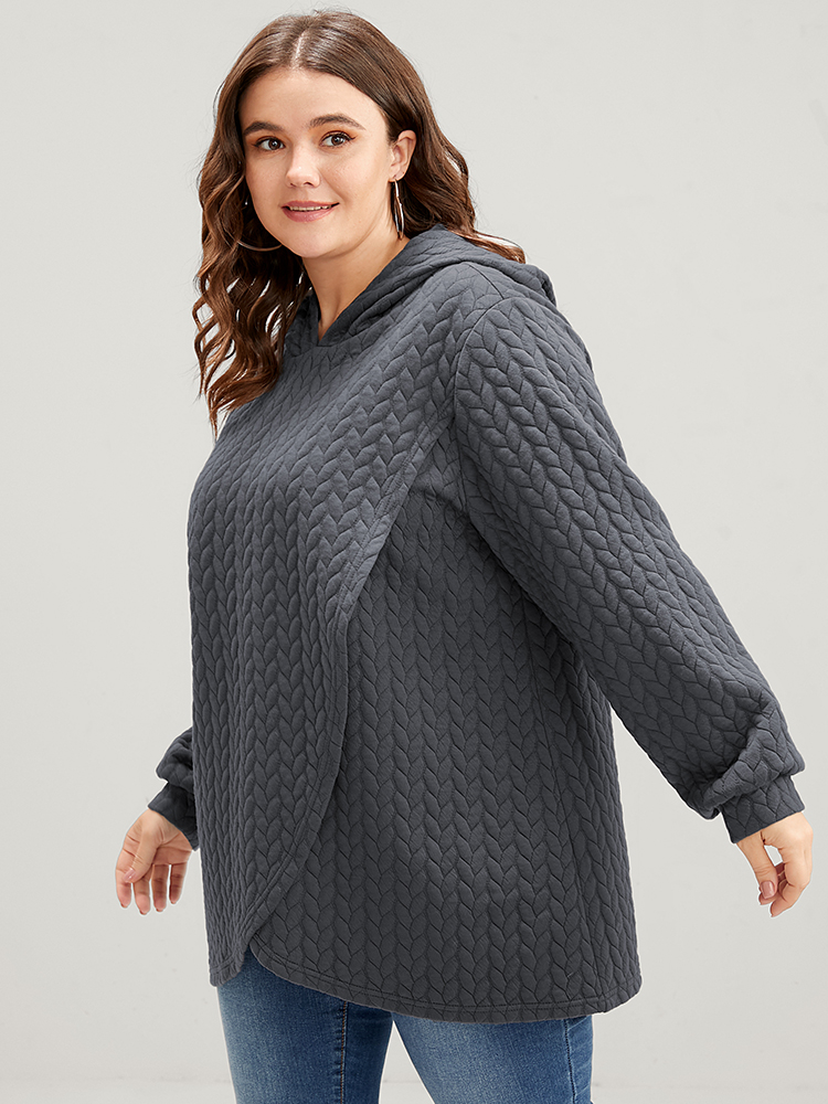 Plus Size Solid Asymmetrical Hem Cable Knit Hooded Sweatshirt Women DimGray Lounge Asymmetrical Hooded Everyday Sweatshirts BloomChic 10/M 