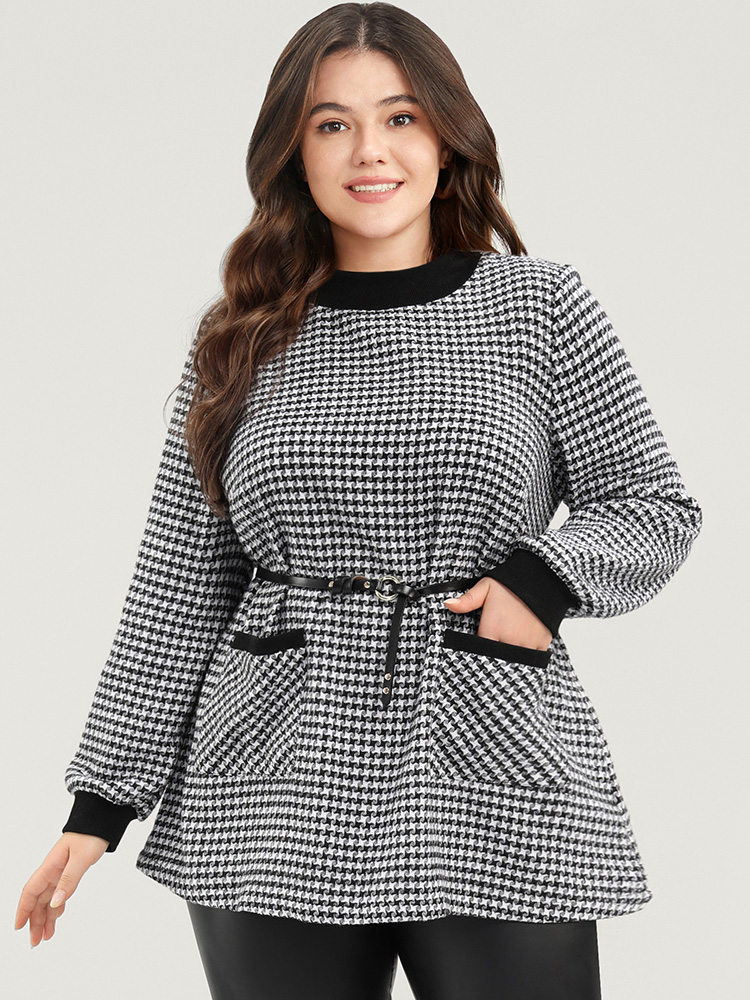 

Plus Size Contrast Trim Pocket Mock Neck Houndstooth Sweatshirt Women Black Elegant Contrast Mock Neck Dailywear Sweatshirts BloomChic