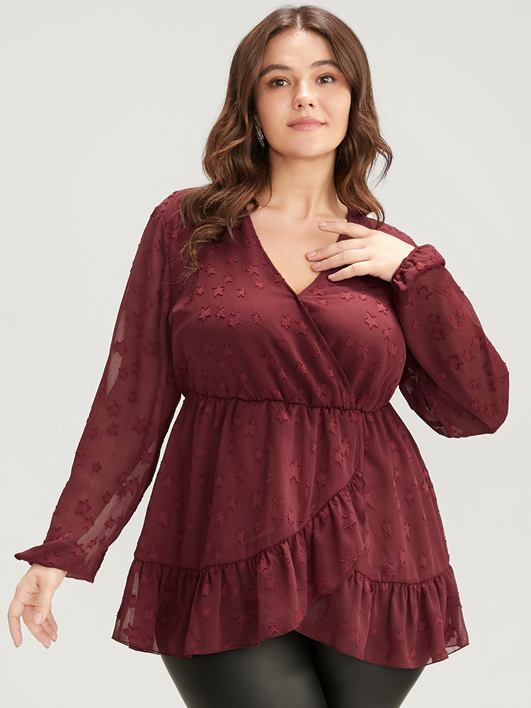 

Plus Size Burgundy Star Mesh Lantern Sleeve Surplice Neck Ruffle Hem Blouse Women Glamour Long Sleeve V-neck Going out Blouses BloomChic