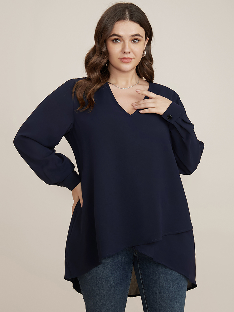 

Plus Size DarkBlue Solid V Neck High Low Hem Blouse Women Office Long Sleeve V-neck Work Blouses BloomChic