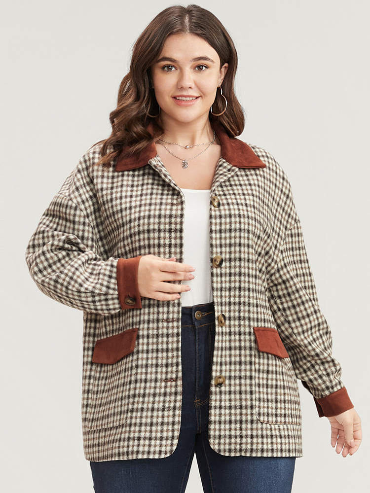 

Plus Size Gingham Contrast Button Up Flap Pocket Coat Women Chocolate Casual Patchwork Ladies Dailywear Winter Coats BloomChic