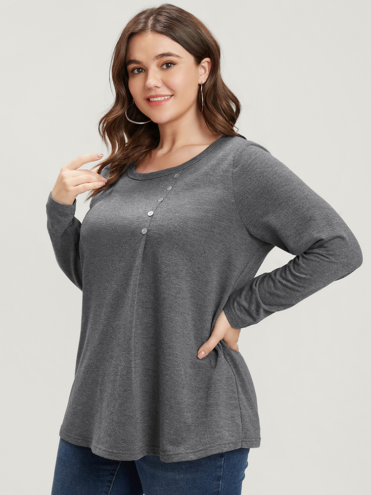 

Plus Size Solid Crew Neck Button Detail Long Tee Gray Women Casual Button Plain Round Neck Dailywear T-shirts BloomChic