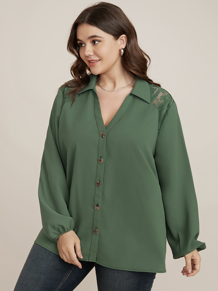 

Plus Size Solid Button Up Lantern Sleeve Contrast Lace Blouse ArmyGreen Office Shirts