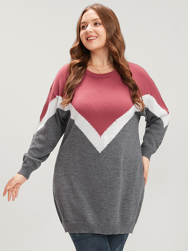 

Plus Size Colorblock Contrast Pointelle Knit Round Neck Mid Long Knit Top Burgundy Women Casual Loose Long Sleeve Round Neck Everyday Pullovers BloomChic