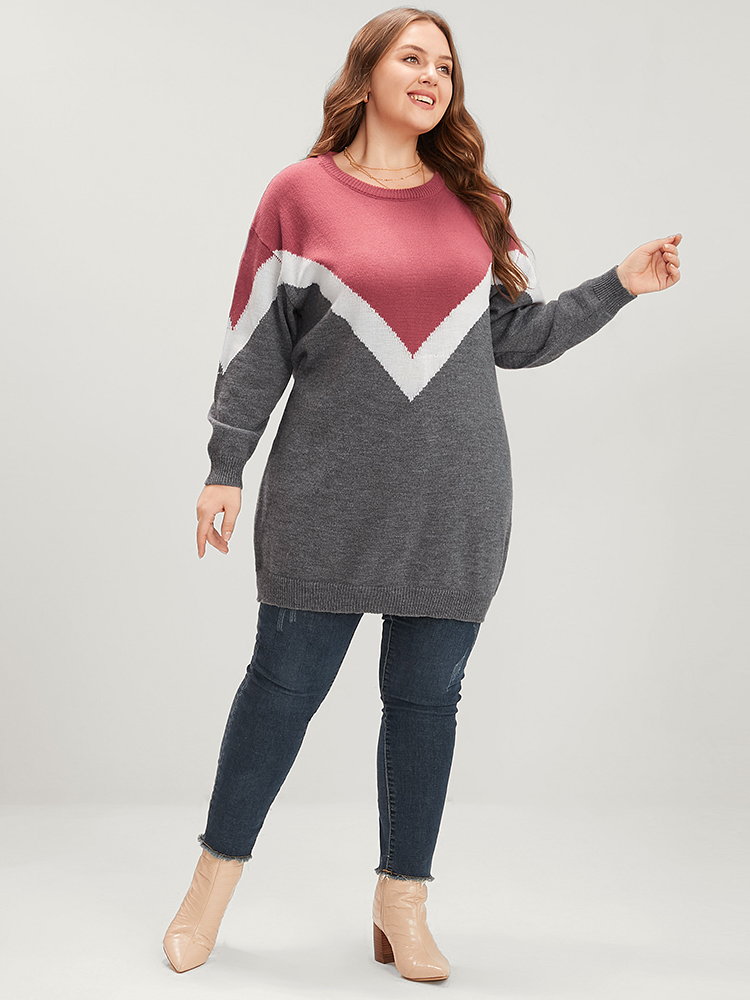 Plus Size Colorblock Contrast Pointelle Knit Round Neck Mid Long Knit Top Burgundy Women Casual Loose Long Sleeve Round Neck Everyday Pullovers BloomChic 14-16/1X 