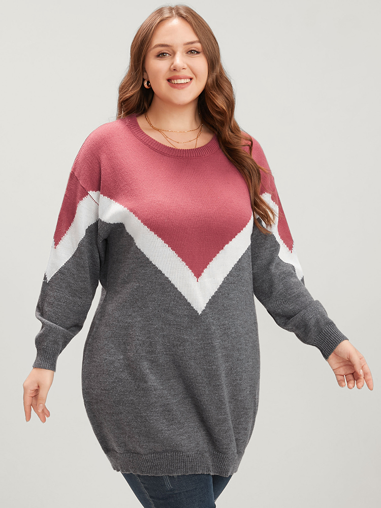 Plus Size Colorblock Contrast Pointelle Knit Round Neck Mid Long Knit Top Burgundy Women Casual Loose Long Sleeve Round Neck Everyday Pullovers BloomChic 14-16/1X 