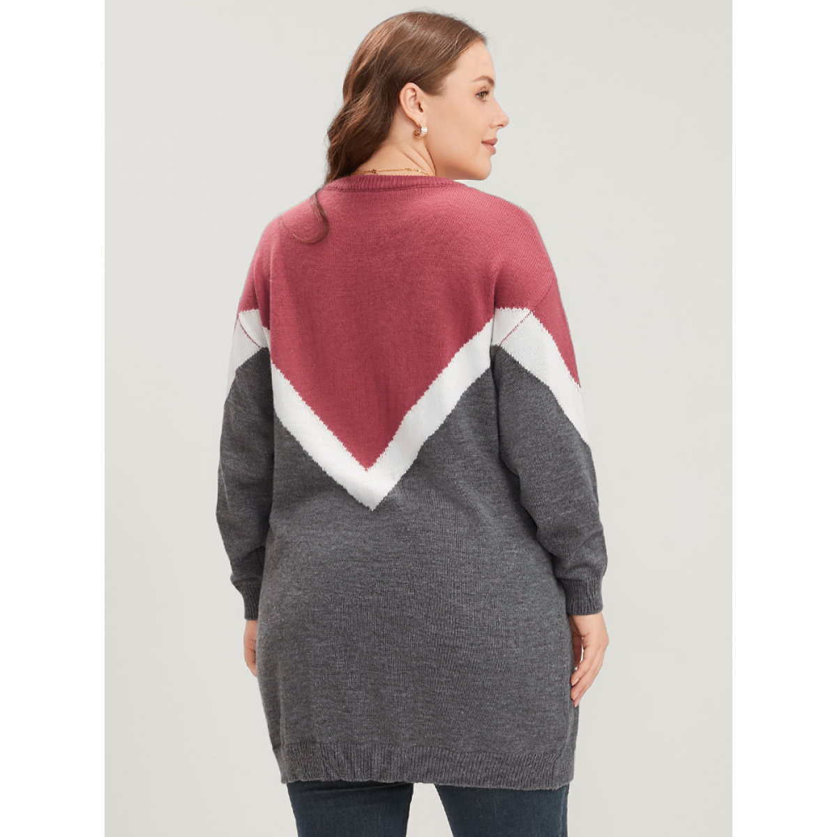 

Plus Size Colorblock Contrast Pointelle Knit Round Neck Mid Long Knit Top Burgundy Women Casual Loose Long Sleeve Round Neck Everyday Pullovers BloomChic