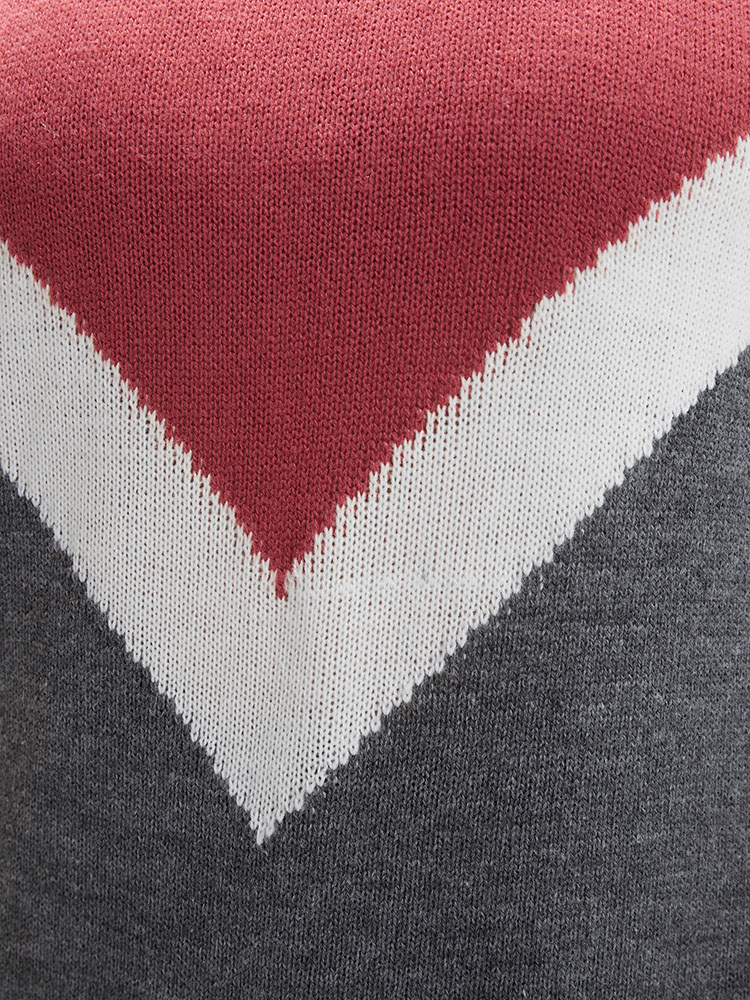 Plus Size Colorblock Contrast Pointelle Knit Round Neck Mid Long Knit Top Burgundy Women Casual Loose Long Sleeve Round Neck Everyday Pullovers BloomChic 14-16/1X 