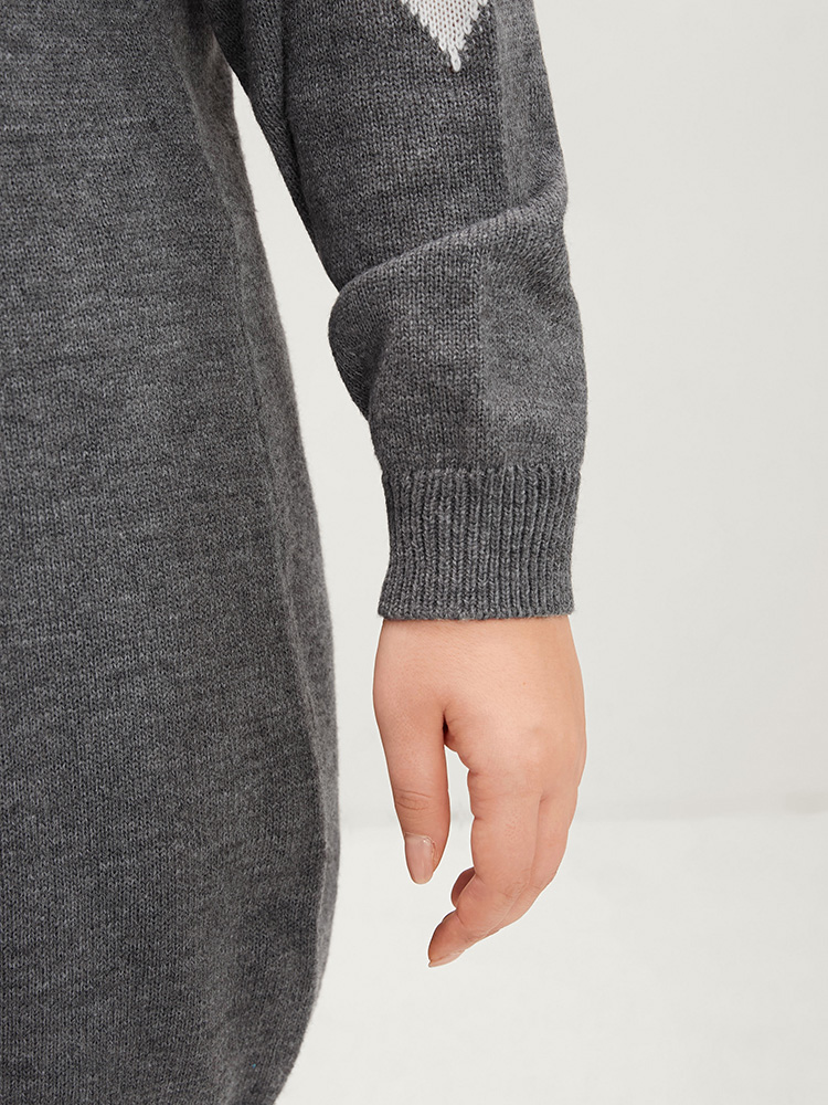 Plus Size Colorblock Contrast Pointelle Knit Round Neck Mid Long Knit Top Burgundy Women Casual Loose Long Sleeve Round Neck Everyday Pullovers BloomChic 14-16/1X 