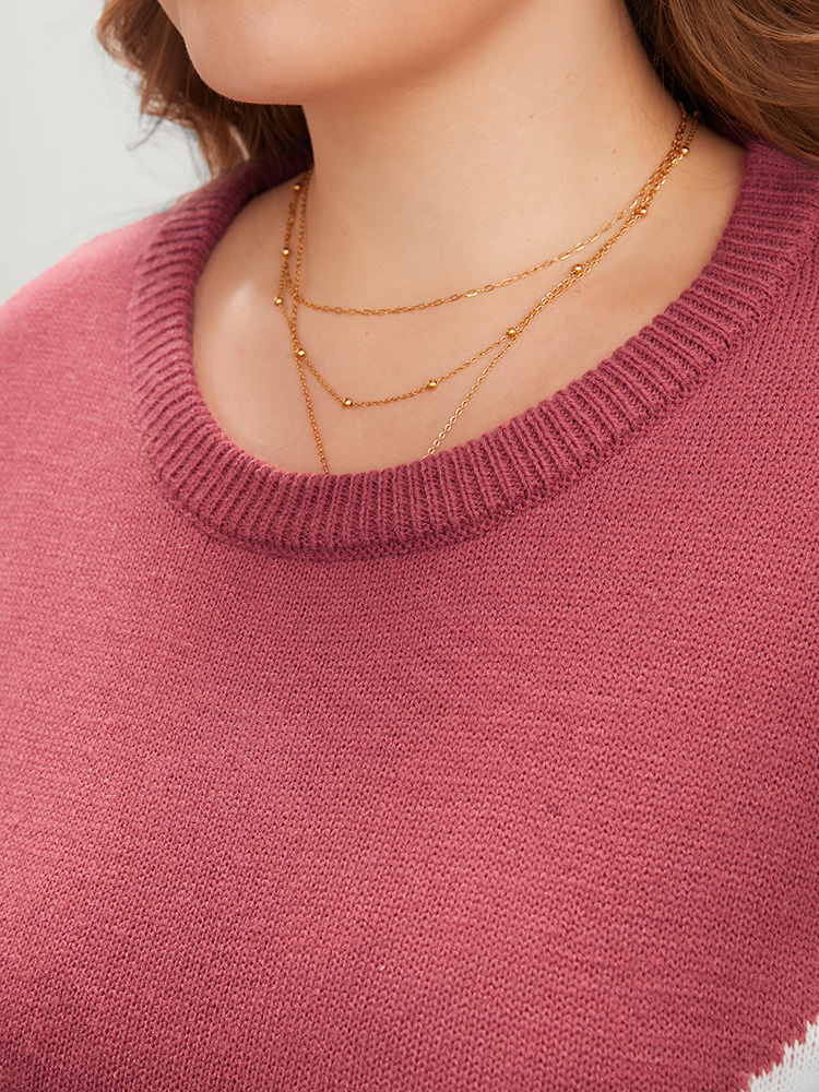 Plus Size Colorblock Contrast Pointelle Knit Round Neck Mid Long Knit Top Burgundy Women Casual Loose Long Sleeve Round Neck Everyday Pullovers BloomChic 14-16/1X 