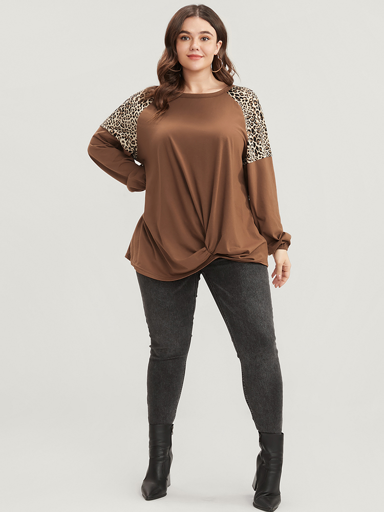 Plus Size Leopard Patchwork Lantern Sleeve Twist Front Sweatshirt Women DarkBrown Elegant Contrast Round Neck Dailywear Sweatshirts BloomChic 14-16/1X 