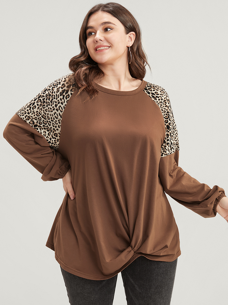 Plus Size Leopard Patchwork Lantern Sleeve Twist Front Sweatshirt Women DarkBrown Elegant Contrast Round Neck Dailywear Sweatshirts BloomChic 14-16/1X 