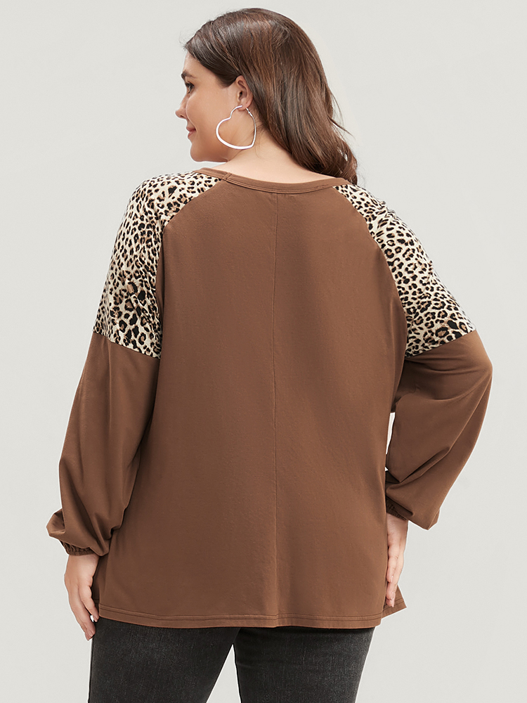 Plus Size Leopard Patchwork Lantern Sleeve Twist Front Sweatshirt Women DarkBrown Elegant Contrast Round Neck Dailywear Sweatshirts BloomChic 14-16/1X 