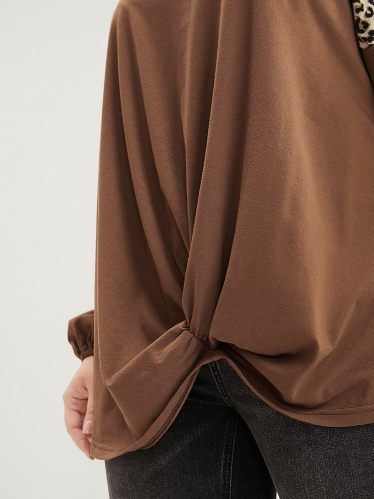 Plus Size Leopard Patchwork Lantern Sleeve Twist Front Sweatshirt Women DarkBrown Elegant Contrast Round Neck Dailywear Sweatshirts BloomChic 14-16/1X 