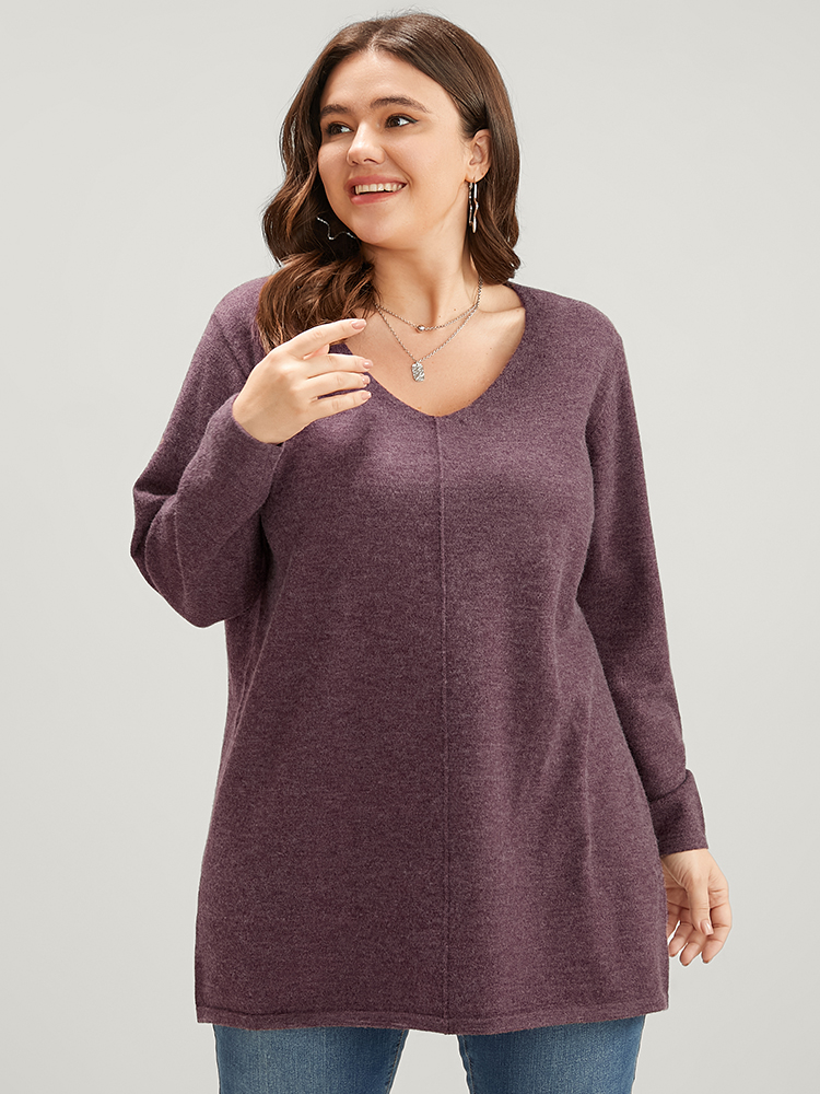 

Plus Size Solid Pointelle Knit V Neck Heather Knit Top Russet Women Casual Loose Long Sleeve V-neck Dailywear Pullovers BloomChic