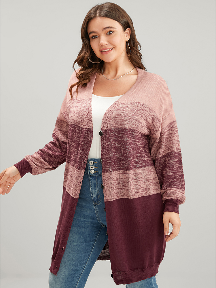 

Plus Size Colorblock Contrast Pointelle Knit Button Front Heather Cardigan RedViolet Women Casual Loose Long Sleeve Dailywear Cardigans BloomChic