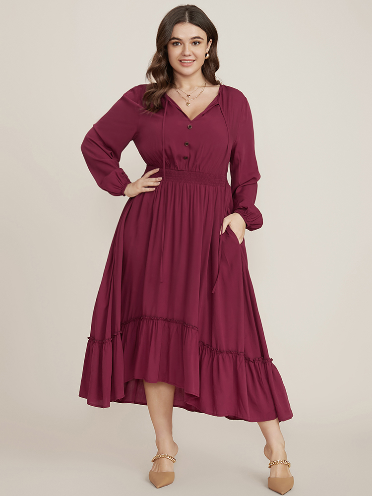 

Plus Size Solid Pocket Button Detail Tie Neck Shirred Ruffles Dress Burgundy Women Elegant Pocket V-neck Long Sleeve Curvy Midi Dress BloomChic