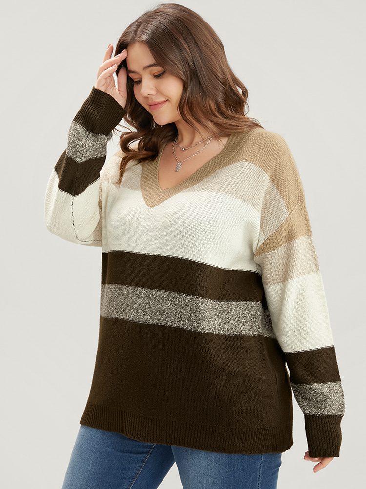 Plus Size Colorblock Contrast Soft Sexy Yarn Knit Fluffy Knit Top Brown Women Casual Loose Long Sleeve V-neck Dailywear Pullovers BloomChic 18-20/2X 