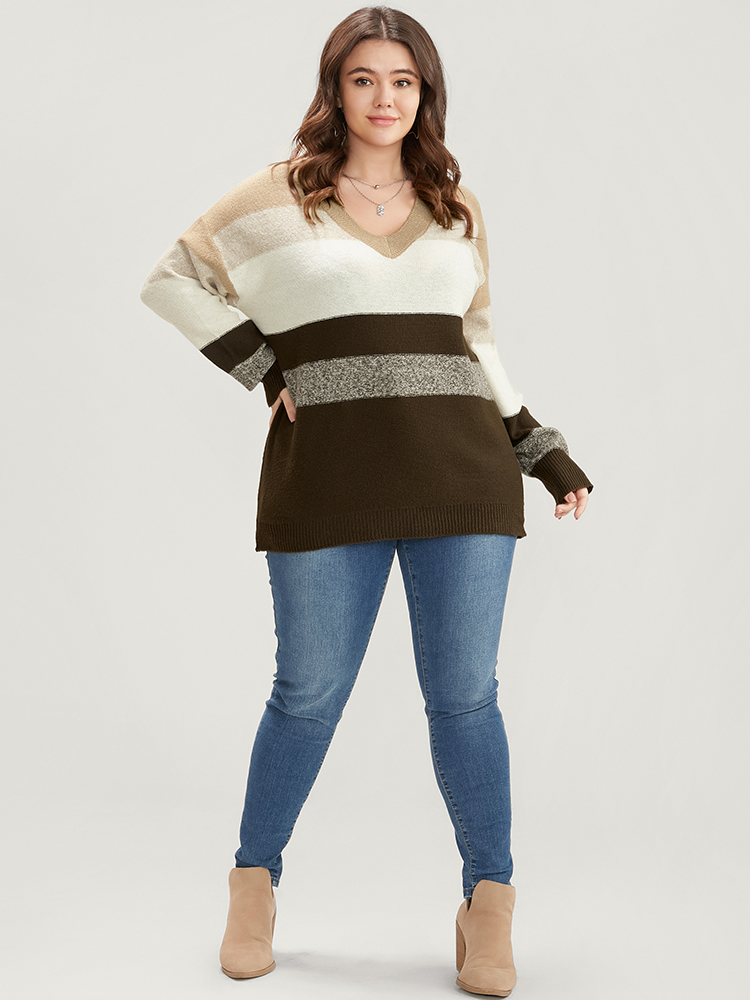 Plus Size Colorblock Contrast Soft Sexy Yarn Knit Fluffy Knit Top Brown Women Casual Loose Long Sleeve V-neck Dailywear Pullovers BloomChic 18-20/2X 