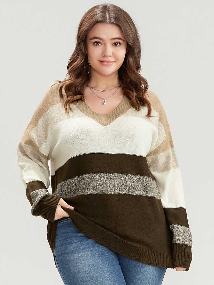 

Plus Size Colorblock Contrast Soft Sexy Yarn Knit Fluffy Knit Top Brown Women Casual Loose Long Sleeve V-neck Dailywear Pullovers BloomChic